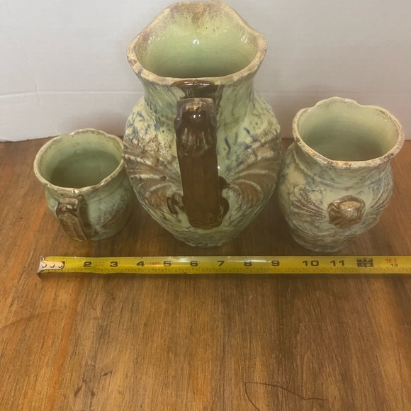 Antique Vintage Roseville Pottery Cornelian 3 Pieces Large Pitcher-Cup-Vase - Picture 8 of 12